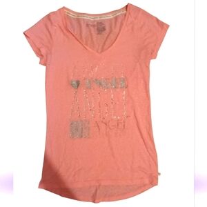 VS Angel Rhinestone, Glitter & Sequin Peach V-Neck Tee Fitted T-Shirt